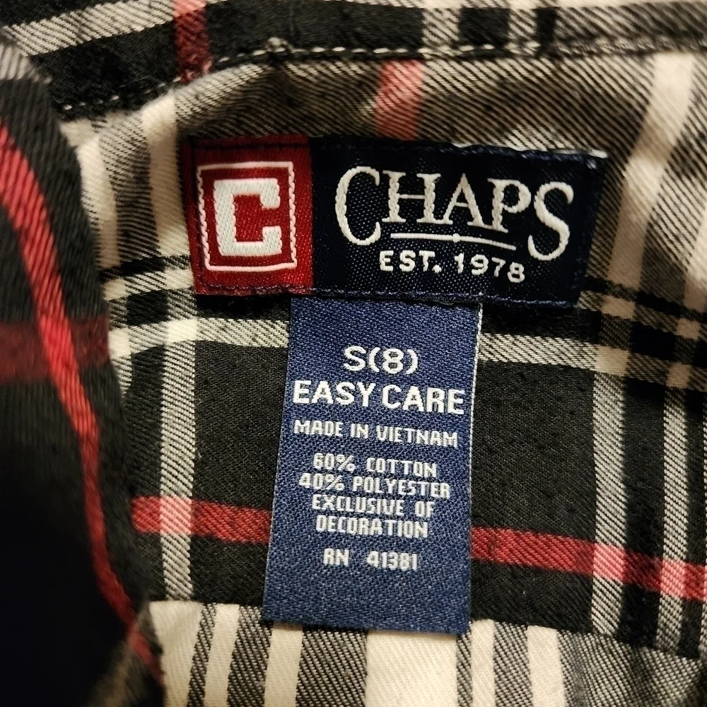 Chaps Plaid Button Down Long Sleeve Collared Shirt Black White Red Boys Small 8